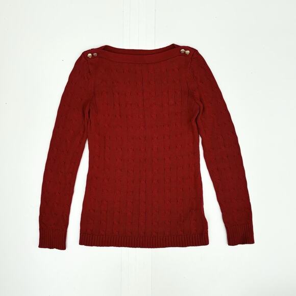 Ralph Lauren Logo Red Boat Neck Cable Knit Sweater Gold Buttons Women’s Size XL - Picture 1 of 9